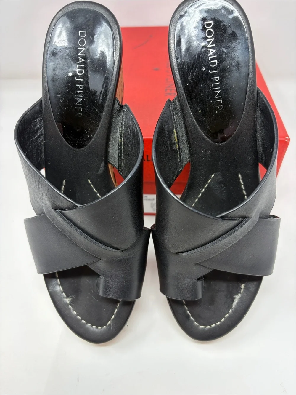 Donald J. Pliner Black Leather Cork Wedge Slide Sandals Size 7